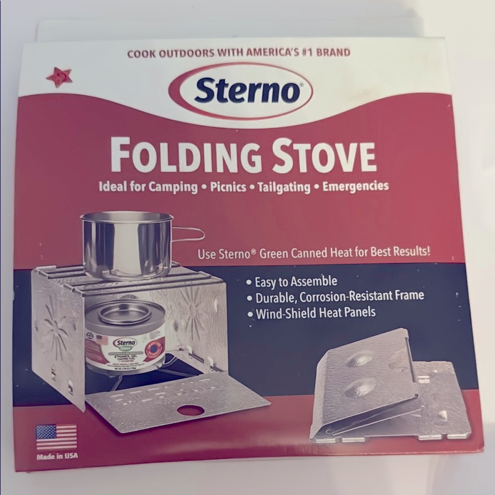 Sterno Folding Stove  Made in USA Easy to Assemble Wind Shield Heat Panels NEW